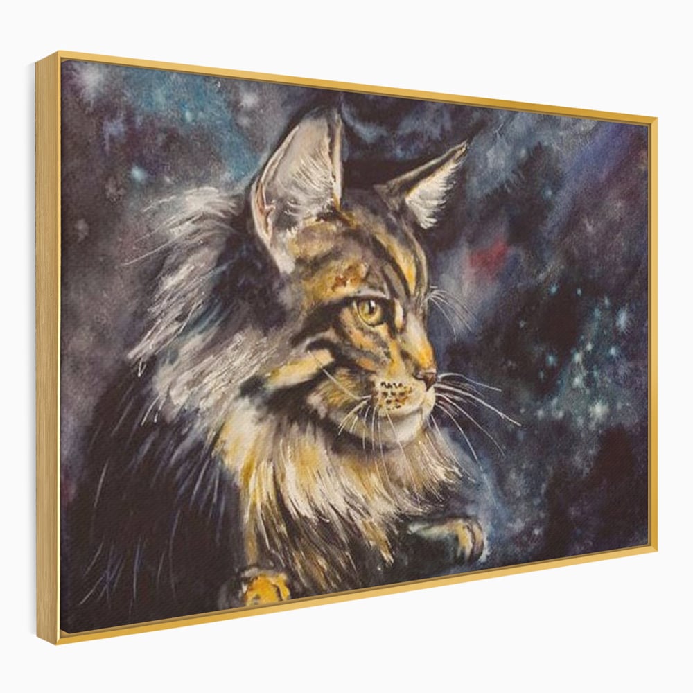 Tablou canvas cu tablou canvas cu pisica in galaxie, in rama de aluminiu auriu